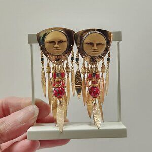 Vintage Rare Tabra "Celestial Moon Face" Dangle Gold Tone Earrings Glass Beads